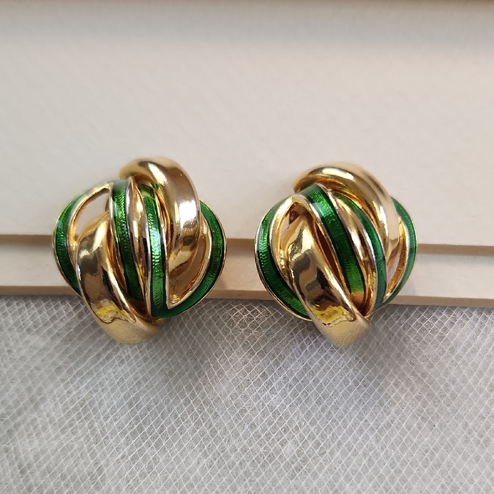 Vintage Gold-Toned Love Knot Earrings Green Enamel Accents
